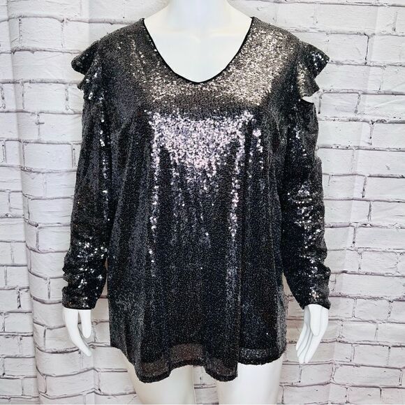 LANE BRYANT  Cold Shoulder Lined Gunmetal Sequin V-Neck size 26 - Picture 1 of 7